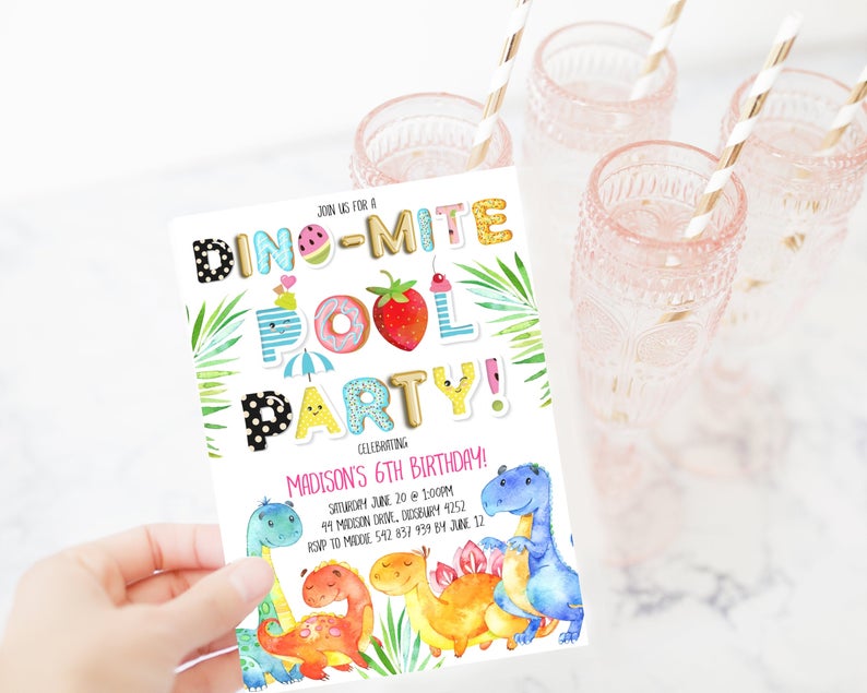 Editable Dinosaur Pool Party Birthday Invitation Dino-Mite Girl Any Age Birthday Party T-Rex Invite Printable Template