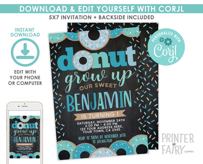 Donut Grow Up Boy Invitation, Donut Invitation, EDITABLE, Donut First Birthday Invitation, Donut Party, INSTANT DOWNLOAD