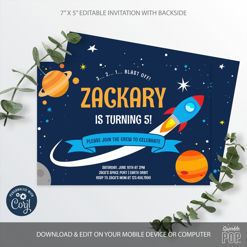 Space Rocket Birthday Invitation, Outer Space Editable Invitation, Astronaut, Blast Off, Spaceship, INSTANT DOWNLOAD 0001