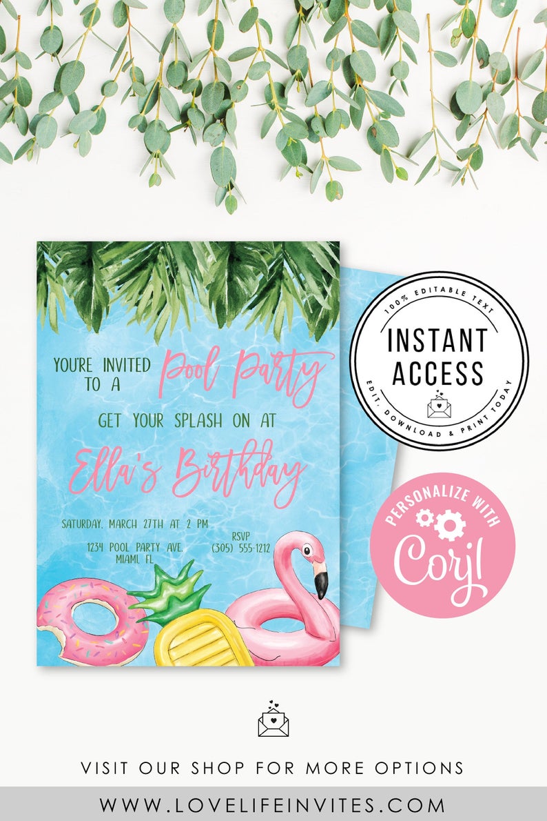 Pool Party Birthday Invitation, Editable Summer Pool Party Invite Template, Instant Download Flamingo Party Printable Invites