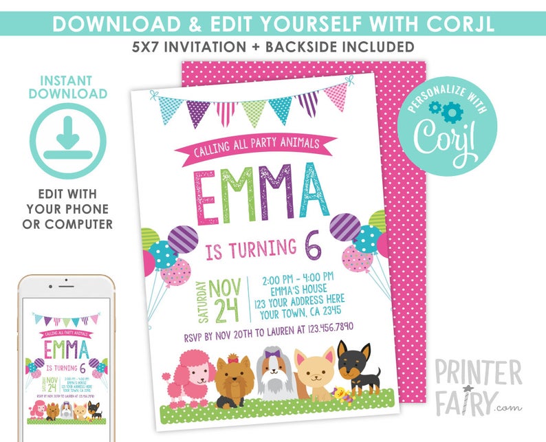 EDITABLE Puppy Birthday Invitation, Pet adoption Party, Dogs Birthday Invitation, Puppy Invitation, Dog Invitation, INSTANT DOWNLOAD