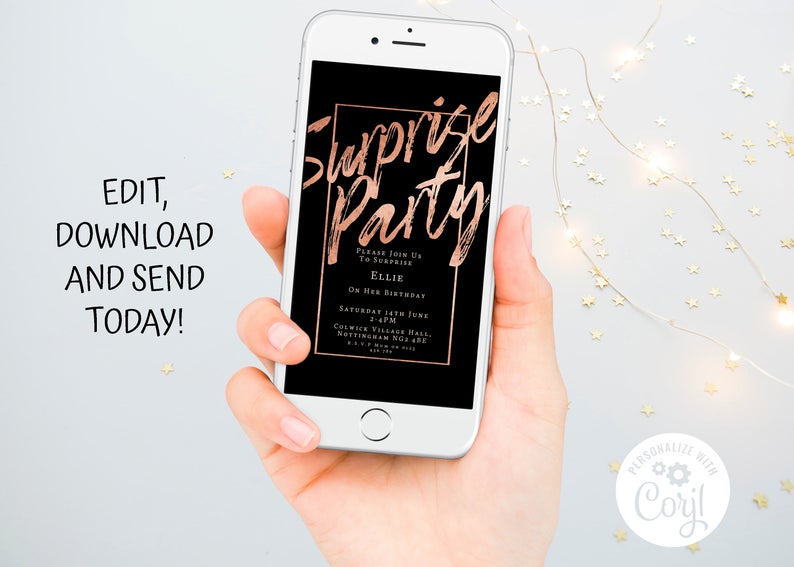 Electronic Surprise Party Digital Invitation Rose Gold Editable Party iPhone Evite Template SMS Invitation