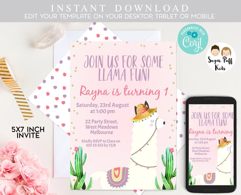 Llama invitation, Pink Llama Fun Birthday Party Invitation, Alpaca Invitations, Llama birthday invitation, Printable llama fun invitation,