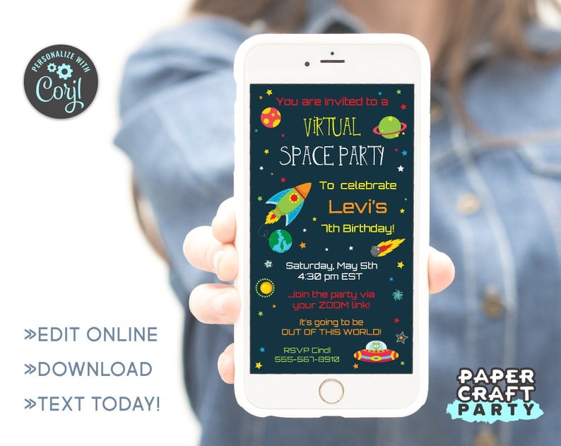 Virtual SPACE Party Invite, Social Distancing, Text or Email, Edit Online + Download Today With Free Corjl.com 1008