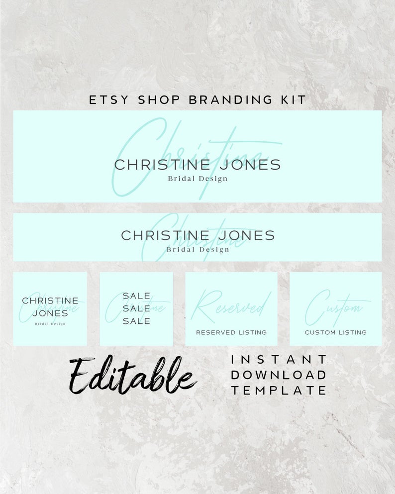 Editable Shop Branding Template – Blue Etsy Shop Banner Template, Signature Shop Icon, Personal Branding Kit, Calligraphy Branding Package