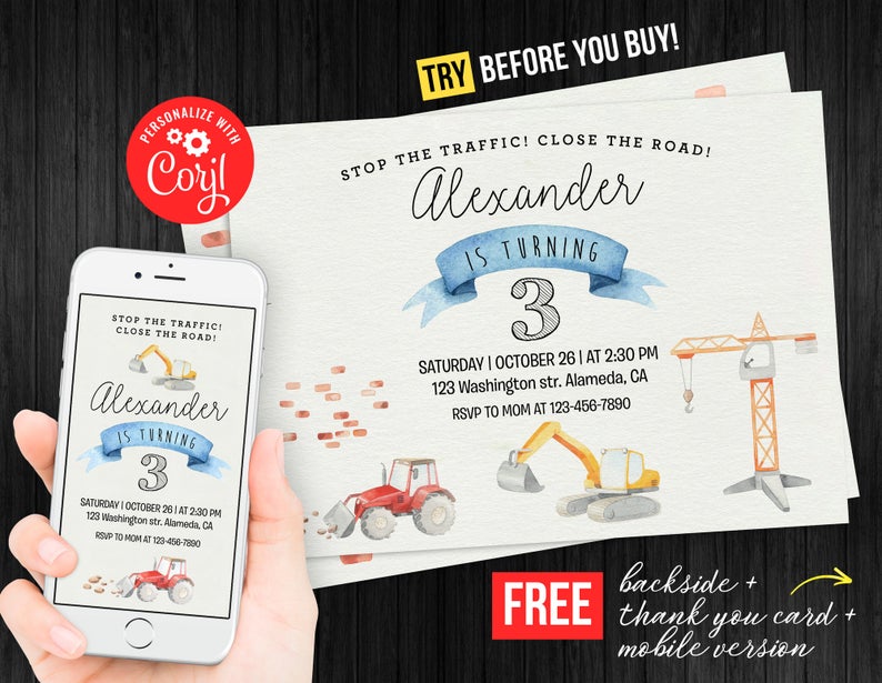 Construction Birthday Party invitation Boy Invitation Instant Download Editable Template Thank You Card Digital Corjl Printable