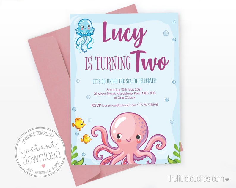 Under the Sea OCtopus Double Sided Printable Party Invitation Template (5×7 inch) – INSTANT DOWNLOAD – DIY Editable Template