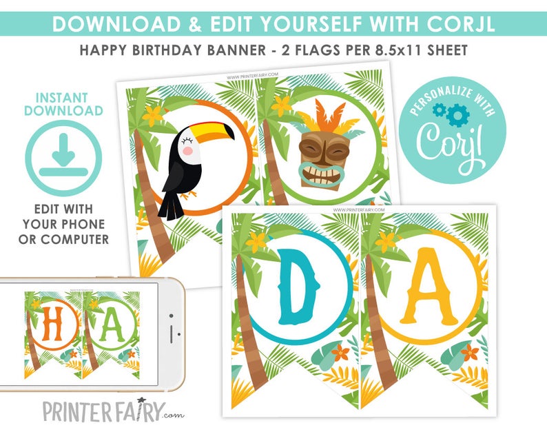Luau Banner, EDITABLE, Hawaiian Birthday Decorations, Bunting Banner, EDIT YOURSELF, Luau Printable Banner, Instant Download