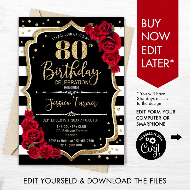 INSTANT DOWNLOAD 80th Birthday Invitation – Digital Template. ANY age. Black White Stripes. Glitter Gold Red Roses. Adult Birthday Invite