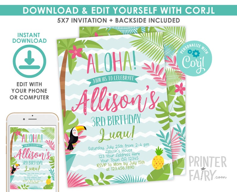 Luau Invitation, EDITABLE, Beach Birthday Party, Luau Birthday Invitation, Luau BirthdayParty, Tropical, INSTANT DOWNLOAD