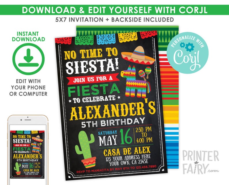 EDITABLE Fiesta Invitation, Fiesta Birthday Invitation, Cinco de Mayo Birthday Party, EDIT YOURSELF Digital Invite