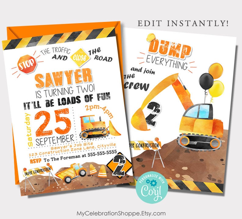 Editable Construction Invitation, Construction Birthday Invitation, Printable, Construction Invite, Corjl, Instant Download, Invitations