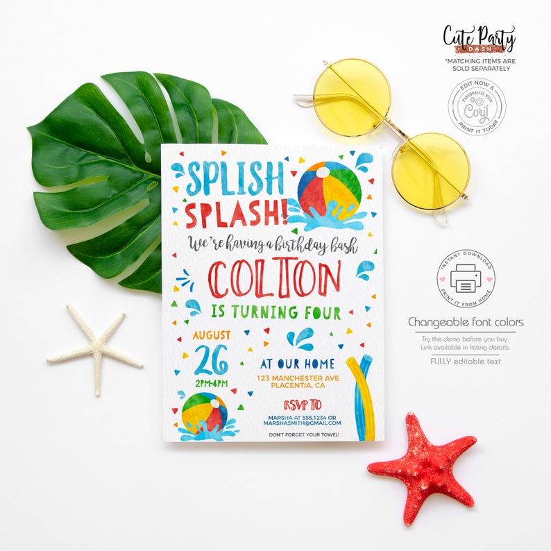INSTANT DOWNLOAD, EDITABLE Pool party invitation, Pool party Birthday, Corjl invitation, beach ball Birthday, decorations, summer poo01