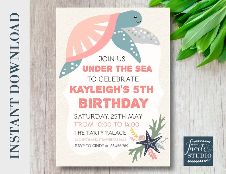 INSTANT DOWNLOAD Under The Sea Birthday Invitation, Sea Turtle Birthday Template, Girl/Boy Birthday Invitation, Editable, Corjl