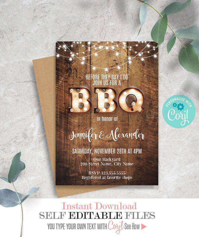 BBQ Invitation, engagement bbq, printable editable templates, Instant Download, Edit with Corjl, A312
