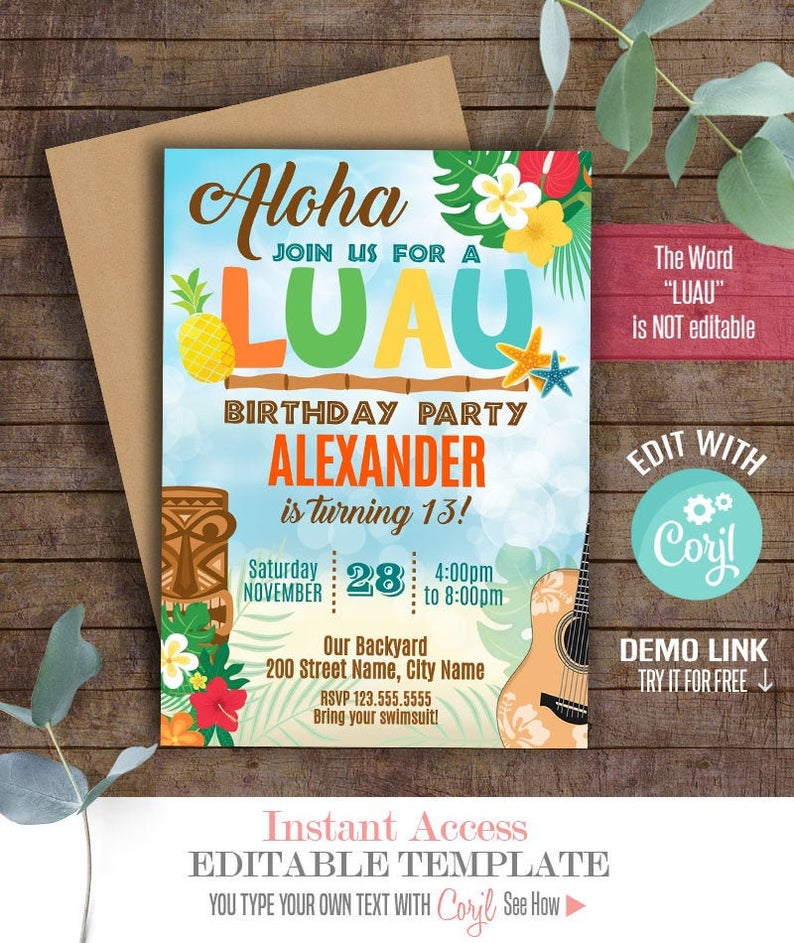 Luau party invitation, tropical birthday, printable editable template, Instant download, Edit with Corjl, A762
