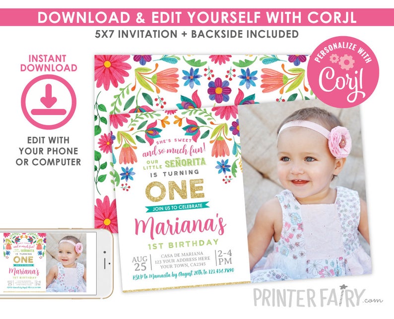 EDITABLE Fiesta 1st Birthday Invitation with Photo, Cinco de Mayo Birthday Party, Little Senorita, Any Age, EDIT YOURSELF Digital Invite