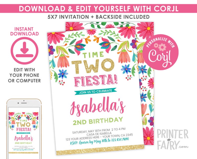 Fiesta Invitation, Fiesta 2nd Birthday Invitation, Cinco de Mayo, Time TWO fiesta, Floral Fiesta Invite, EDIT YOURSELF Digital Invite