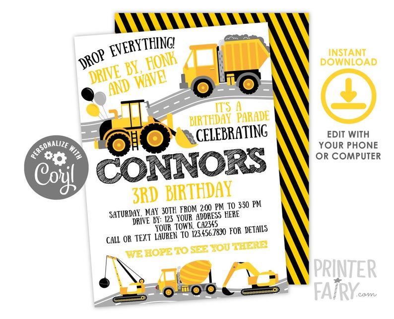 Construction Birthday, Birthday Parade, Drive By Birthday Party, Quarantine Birthday, Truck Invitation, Stay at home, INSTANT DOWNLOAD