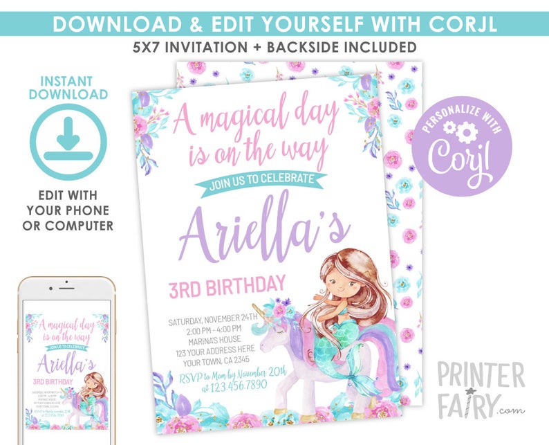 Unicorn and Mermaid Invitation, EDITABLE, Magical Celebration, Mermaid Birthday, Unicorn Invitation, Floral Party, INSTANT DOWNLOAD