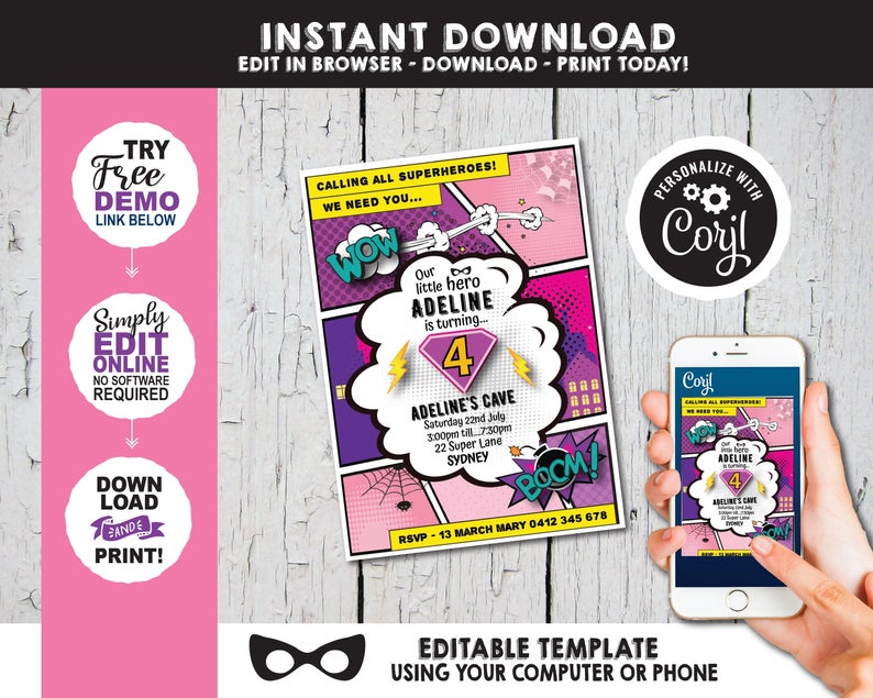 Superhero invitation INSTANT DOWNLOAD printable. Hero party invitation. Editable customisable with Corjl