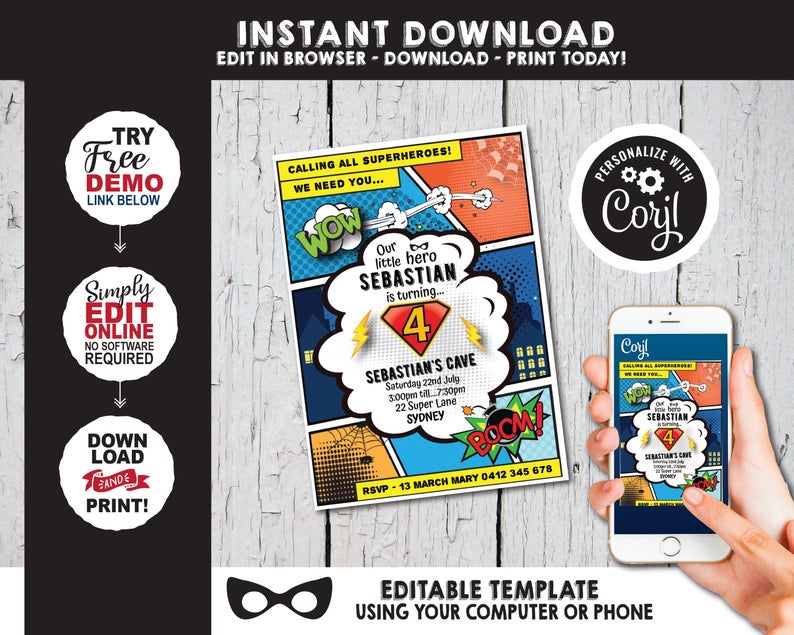 Superhero invitation INSTANT DOWNLOAD printable. Hero party invitation. Editable customisable with Corjl