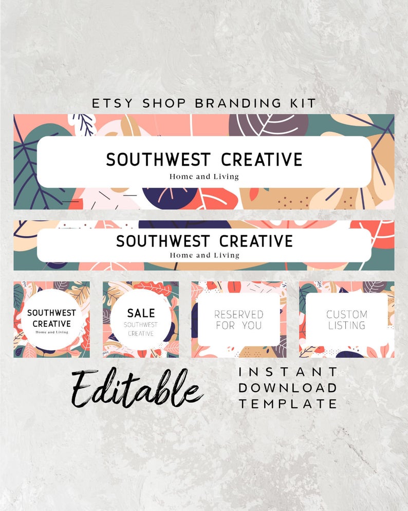 Editable Branding Kit – Colorful Leaves Icon, Etsy Marketing, Etsy Shop Kit, Shop Banner Template, Shop Icon, Shop Branding Template, Corjl