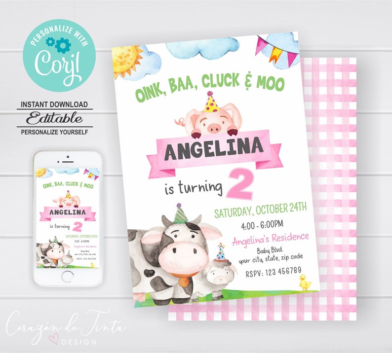 Farm Invitation, Girl Farm Birthday Invitation, Editable girl farm Party, Printable Invitation, Farm Animals, Birthday Invitation, BGFA1