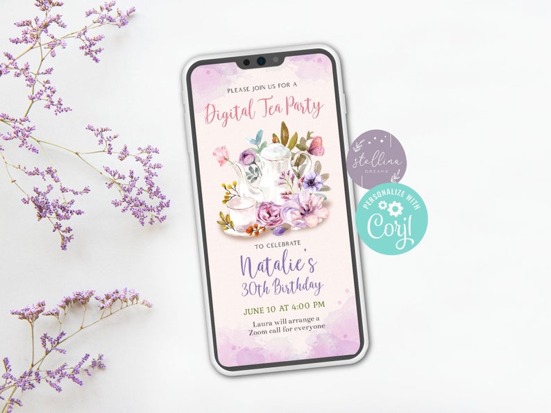 Digital Tea Party Invitation, Virtual Birthday Tea Party Invitation, Skype Tea Party, Quarantine Birthday, Corjl, Try Before You Buy