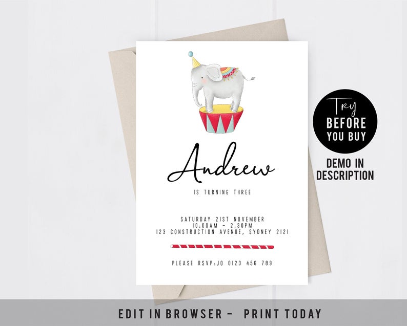 Party Animal Birthday Invitation. Circus birthday invitation. Editable invitation. Customised invitation. Corjl. Modern party. Minimalist