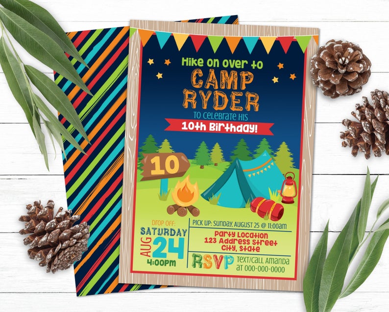 Editable Camping Invitation, Camp Birthday Invitation, Boy Camper Party Invite, Printable, Corjl S0133 (Pdf & Jpg file only)
