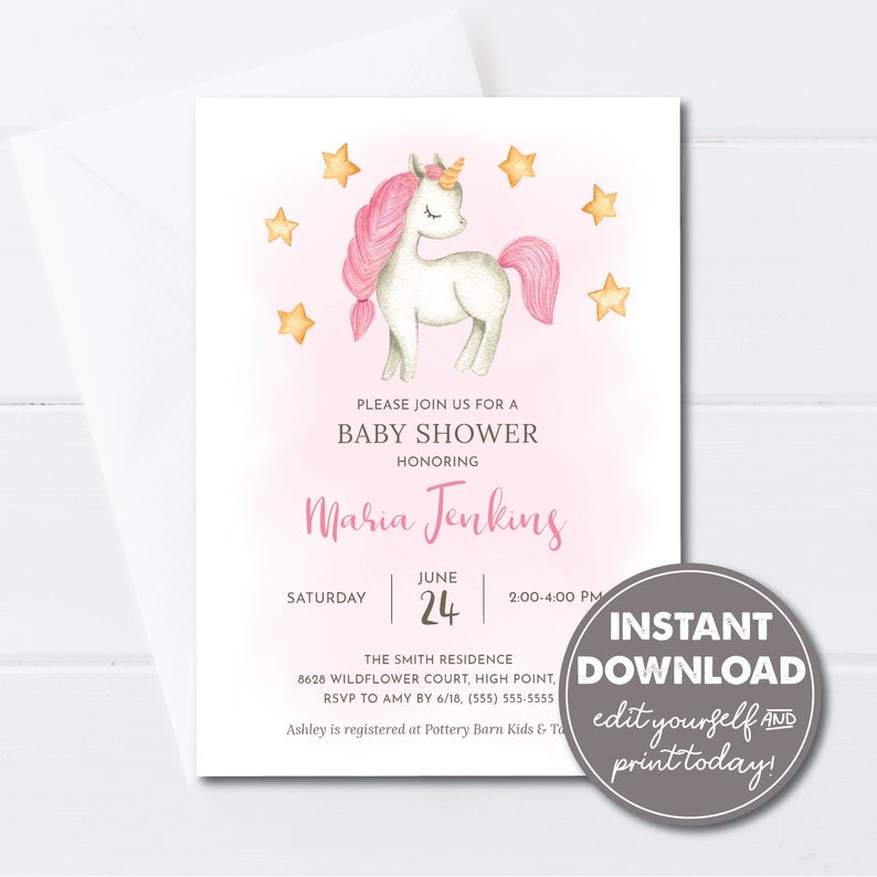 Editable Unicorn Baby Shower Invitation, INSTANT DOWNLOAD, Baby Girl Shower, Edit, Download and Print or Email Today!