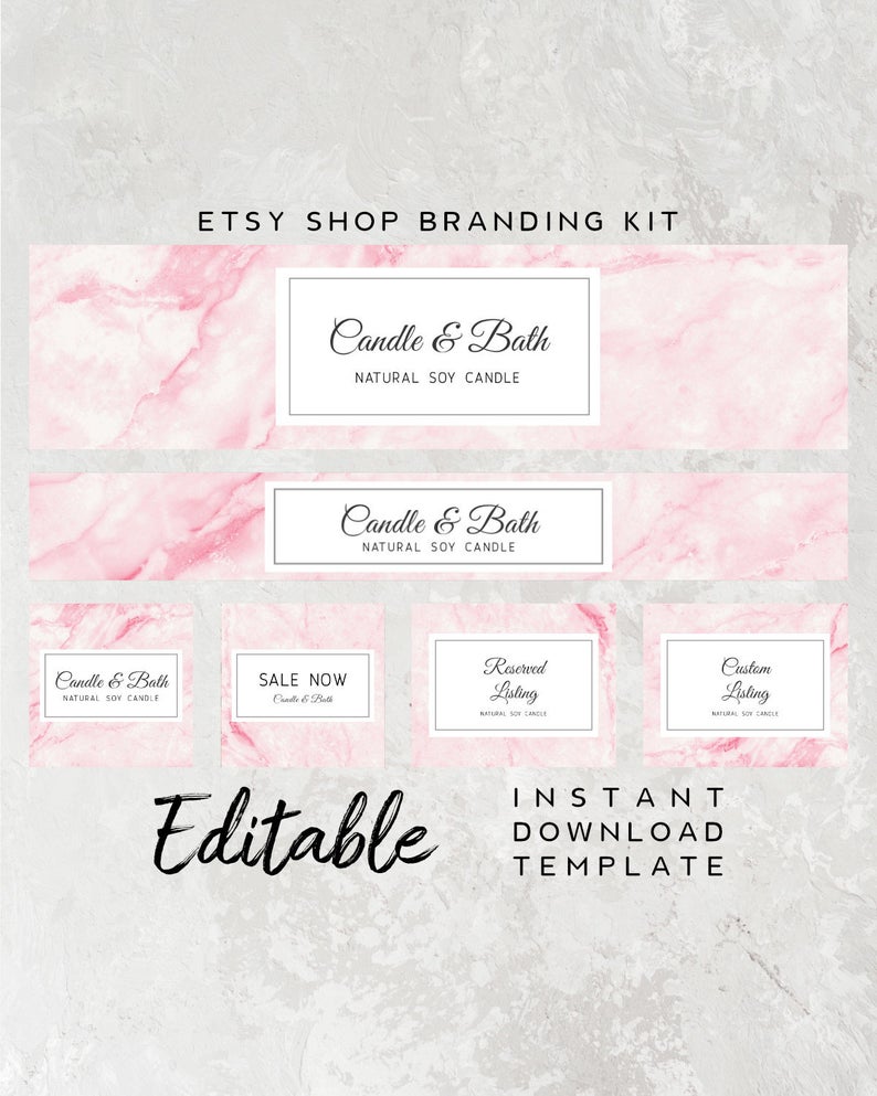 Editable Shop Branding Template – Etsy Marketing Kit, Candle Business Branding, DIY Etsy Template, Pink Shop Banner, Pink Icon Template