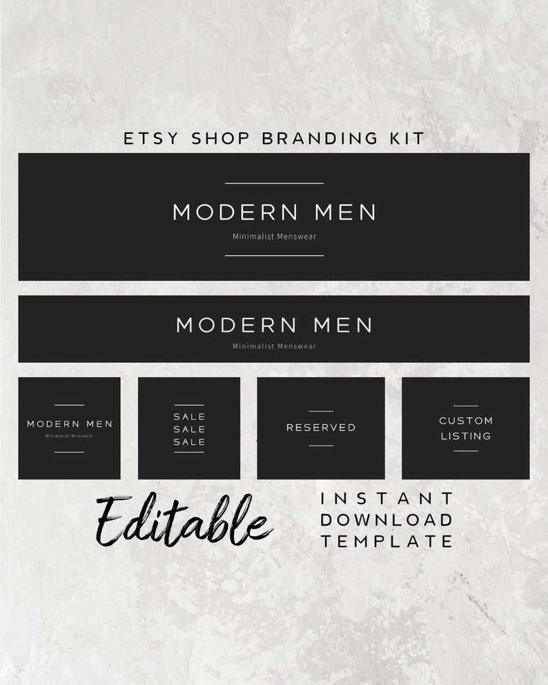 Black Branding Kit for Etsy Shop – Editable Etsy Branding Template, Minimalist Branding Package, Minimalist Banner Design, Black Shop Icon