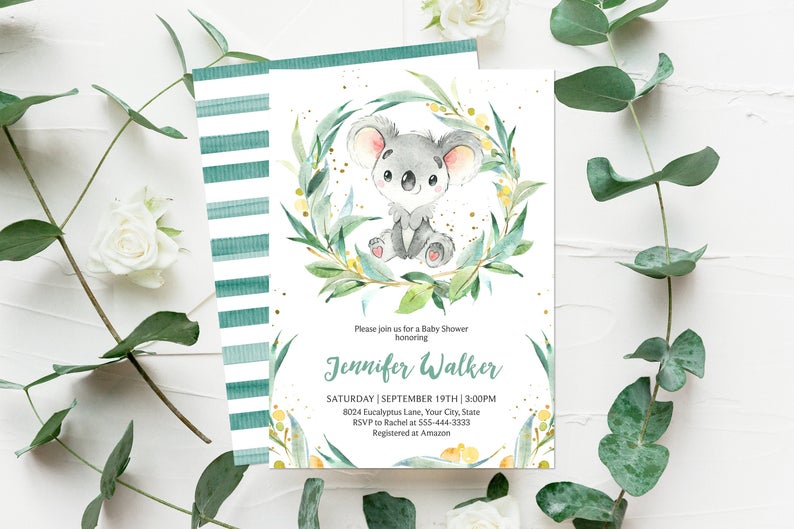 Koala Bear Baby Shower Invitation, Editable Template, Koala Invitation, Jungle Baby Shower Invite, Jungle Animal Couples Shower, Corjl 293