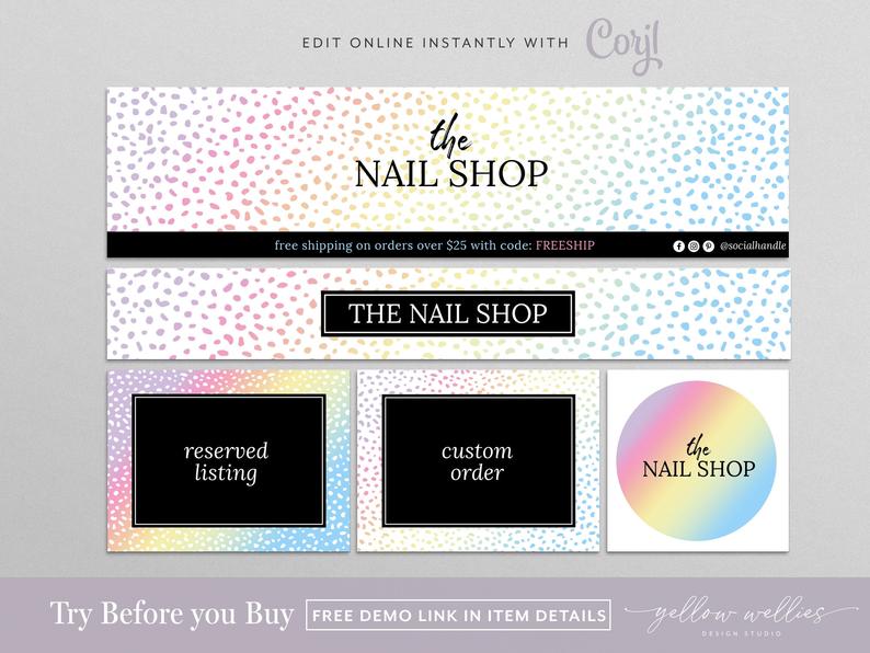 CORJL Editable Etsy Shop Graphic Kit Template | Rainbow Dot Holograph Etsy Graphics | Etsy Banner | Etsy Cover Shop Banner | Store Branding