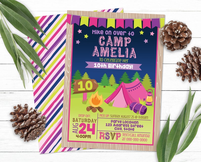 Editable Camping Invitation, Camp Birthday Invitation, Girl Camper Party Glamping Invite, Printable, Corjl S0022 (Pdf & Jpg file only)