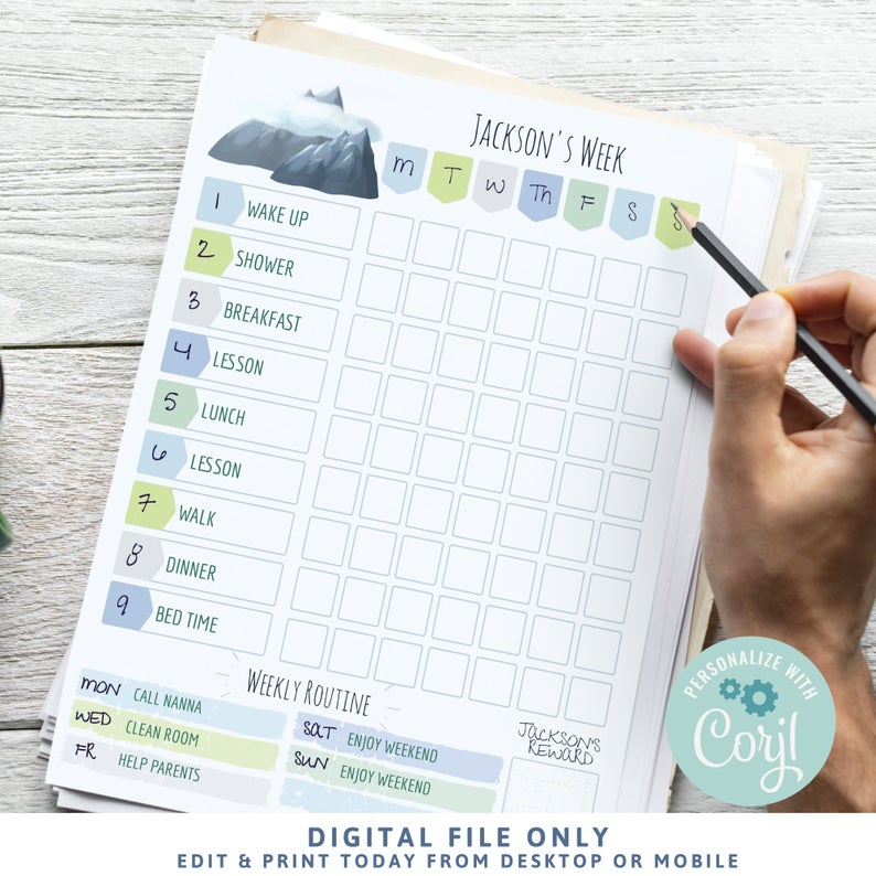 Routine Chore Chart Printable, Boys Homework Organizer, Home School Routine, Boys Behavior chart, Editable, Responsibility Chore Chart, RC31