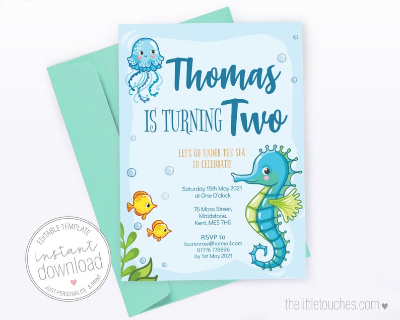 Under the Sea Seahorse Double Sided Printable Party Invitation Template (5×7 inch) – INSTANT DOWNLOAD – DIY Editable Template