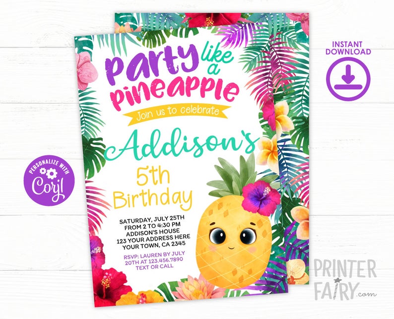 Pineapple Birthday Invitation, Editable, Tropical Party Invitation, Luau Invitation, Summer Party, Pineapple Invite, Instant Download