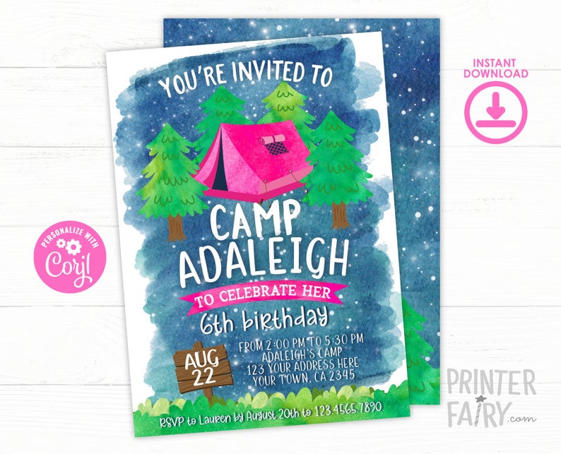 Camping Invitation, Editable, Summer Camp Birthday Party, Sleepover Birthday Invitation, Campout Invite, Instant Download