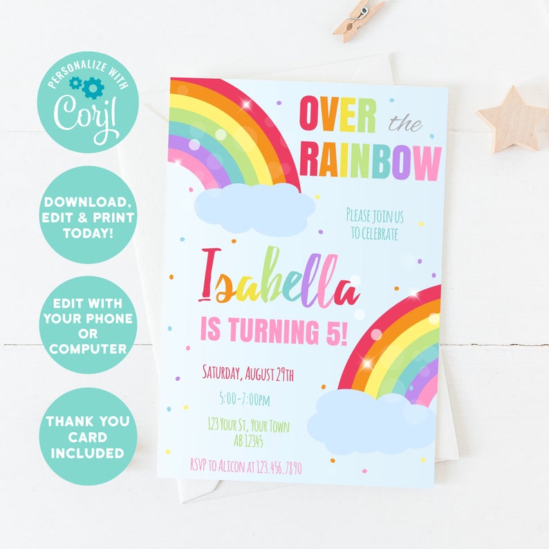 EDITABLE ANY AGE Printable Rainbow Birthday Invitation, Rainbow of Fun Girl Birthday Invitation Template, Rainbow Birthday editable Card