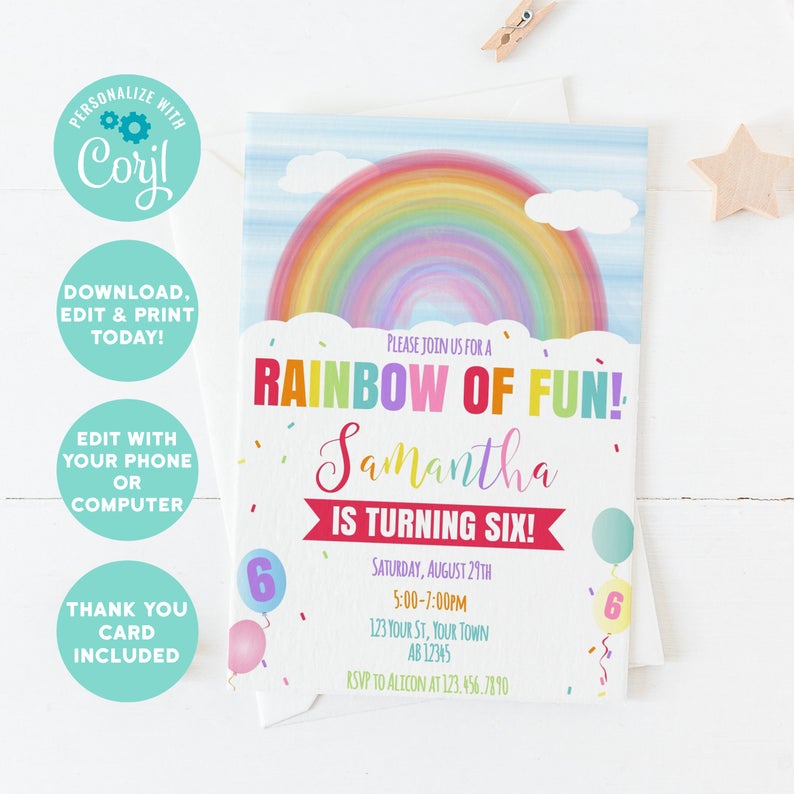 EDITABLE ANY AGE Printable Rainbow Birthday Invitation, Rainbow of Fun Girl Birthday Invitation Template, Rainbow Birthday editable Card