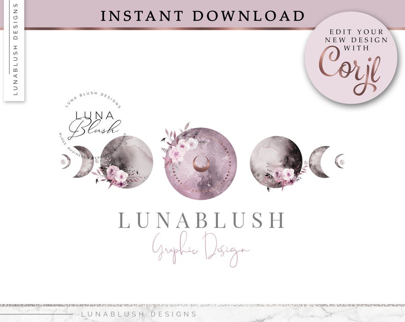 FLORAL MOON PHASE Logo Design, Rose Gold logo, instant download, Edit your design with Corjl