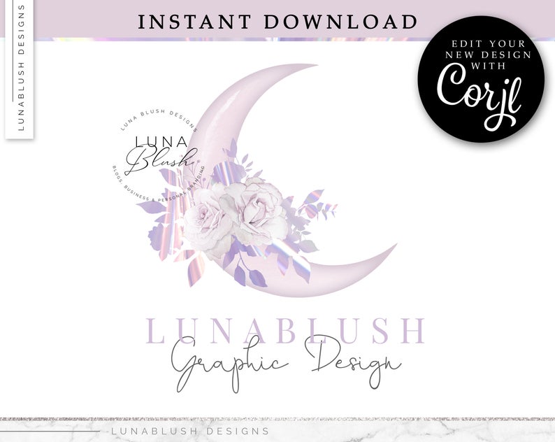 HOLOGRAPHIC CRESCENT MOON Logo Design, Rose Gold logo, instant download, Edit your design with Corjl