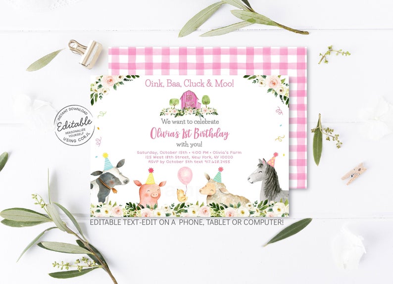 EDITABLE Pink Farm Birthday Invitation, Barnyard Birthday Invite, Girl Farm Birthday, Pink Floral, Printable, Instant Download A510