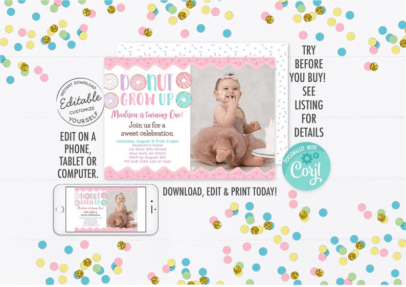 EDITABLE Donut Grow Up Birthday Invitation, Pink Donut, Donut First Birthday, Donut Party, Girl Birthday, Doughnut, Printable, Digital A500