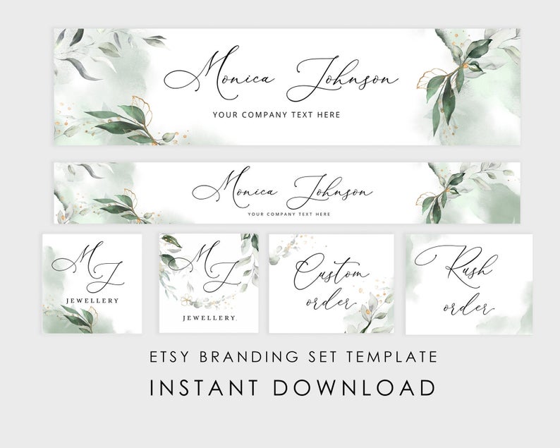 Editable Etsy Shop Branding Kit, Etsy shop banner, Etsy shop icons and custom order. Greeenry etsy banner set. DIY banner template Corjl