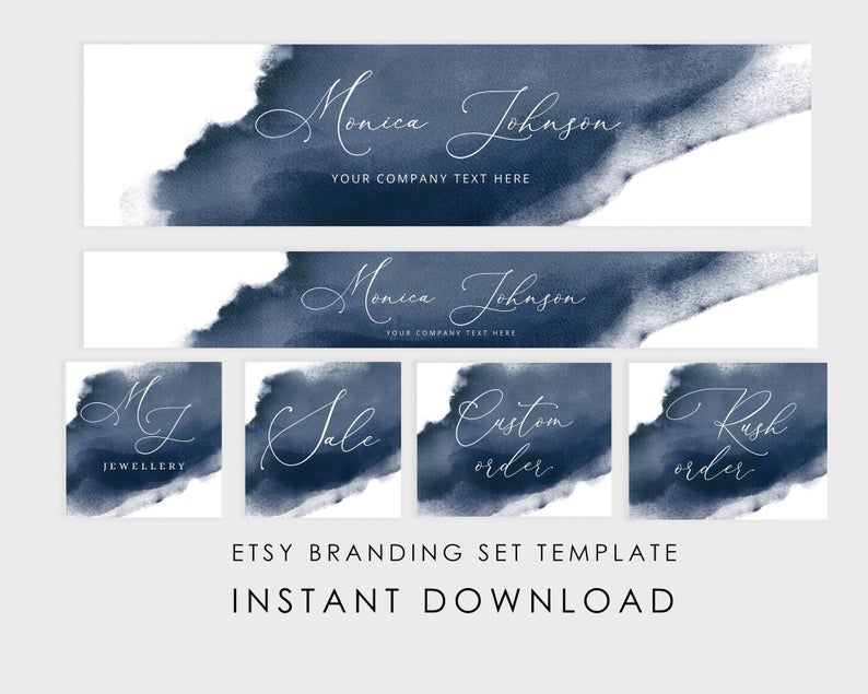 Editable Etsy Shop Branding Kit, Etsy shop banner, Etsy shop icons and custom order. Navy elegant etsy banner set. Corjl template