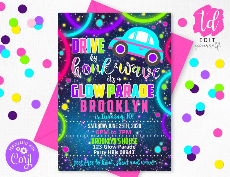 Drive by Honk and Wave Birthday Invitation Instant Download Invitation Drive by Glow Birthday Invitation Editable Glow Birthday Parade Party